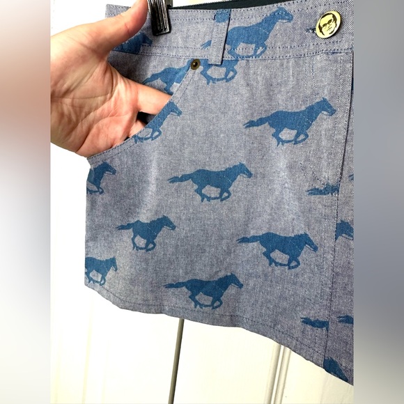 Rare JENNY HELLSTRÖM Berta Mini Skirt Blue Chambray Denim Horse Pattern Designer - Picture 3 of 10